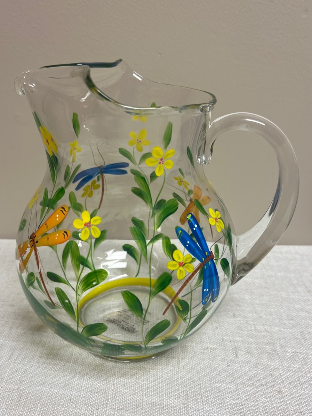 Hand Painted Clear Glass Blue/Green Dragonfly/floral Water Pitcher, beautiful!